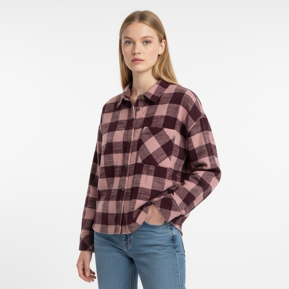 Scotch & Soda Amsterdam XL Button Up LS Crop Flannel Shirt Burgundy Plaid EUC